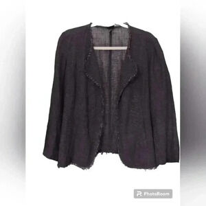 Eileen Fisher Black Open Front Fringe Hem Linen Cardigan Sweater Womans